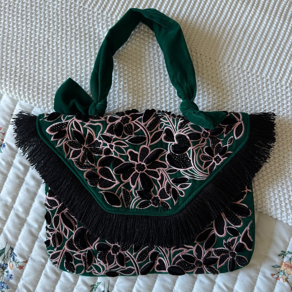 Anthropologie Green and Black Floral Bag
